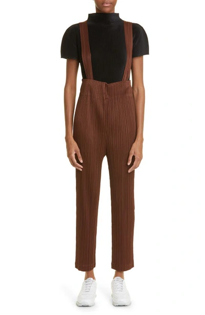 Shop Issey Miyake Monthly Colors September Pleated Crop Overalls In Dark Brown