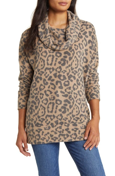 Shop Loveappella Cowl Neck Tunic In Camel/ Charcoal