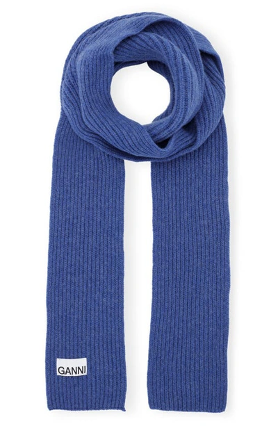 Shop Ganni Rib Wool Blend Scarf In Nautical Blue