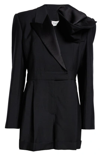 Shop Alexander Mcqueen Floral Detail Long Sleeve Wool Tuxedo Romper In Black