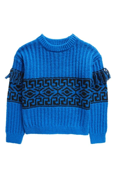 Shop Freshman Kids' Fair Isle Fringe Accent Crewneck Sweater In Bright Blueberry