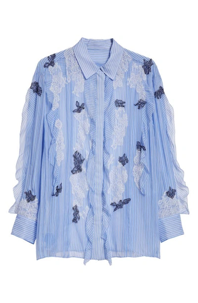 Shop Valentino Lace Ruffle Stripe Silk Chiffon Button-up Shirt In Light Blue/ Bianco