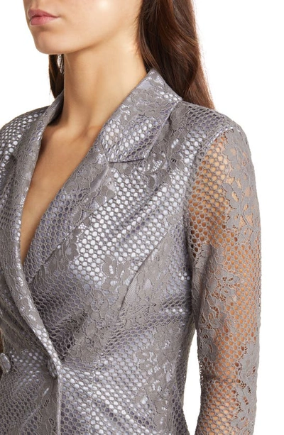 Shop Bebe Lace Overlay Metallic Long Sleeve Blazer Minidress In Grey/ Silver