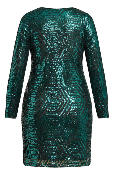 Shop City Chic Bright Lights Sequin V-neck Long Sleeve Dress In Emerald