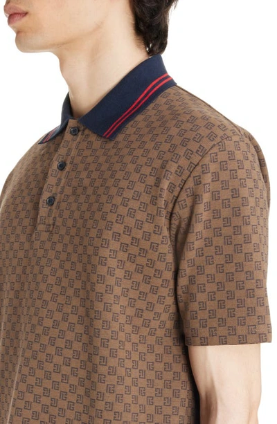 Shop Balmain Mini Monogram Tipped Jacquard Stretch Cotton Polo In Wgb Brown/ Multi