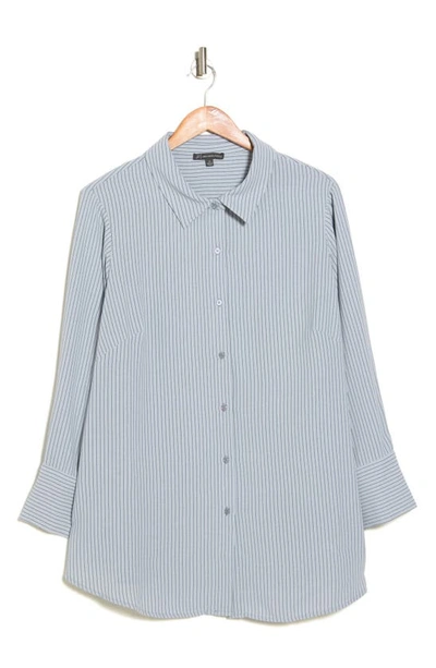 Shop Adrianna Papell Pinstripe Long Sleeve Button-up Shirt In Silver Mist Light Stripe
