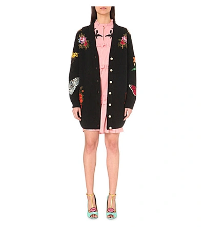 Gucci Oversized Embroidered Merino Wool Cardigan In Pearl