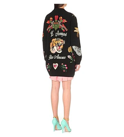 Shop Gucci Embroidered Appliqué Wool Cardigan In Blk/multi