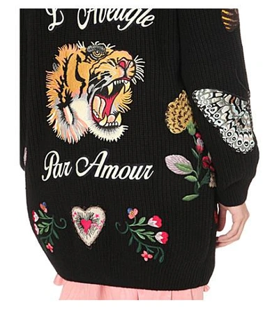 Shop Gucci Embroidered Appliqué Wool Cardigan In Blk/multi