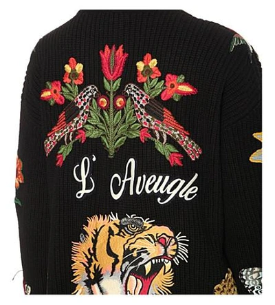 Shop Gucci Embroidered Appliqué Wool Cardigan In Blk/multi