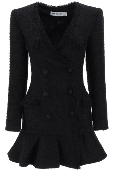 Shop Self-portrait Mini Blazer Dress In Boucle Tweed In Black (black)