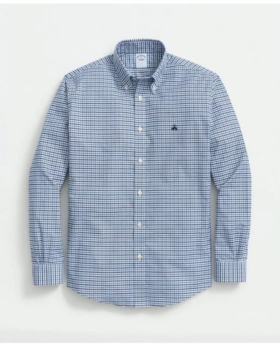Shop Brooks Brothers Big & Tall Stretch Cotton Non-iron Oxford Polo Button-down Collar, Mini-graph Check Shirt | Bright B In Bright Blue