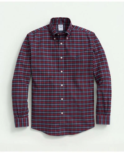 Brooks Brothers Big & Tall Stretch Cotton Non-iron Oxford Polo Button-down Collar, Tartan Shirt In Burgundy