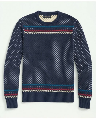 Shop Brooks Brothers Cotton Crewneck Fair Isle Sweater | Navy | Size Medium
