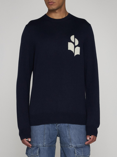 Shop Isabel Marant Evans Cotton And Wool Sweater In Navy