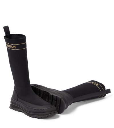 Balmain Logo-intarsia Sock Boots In Black