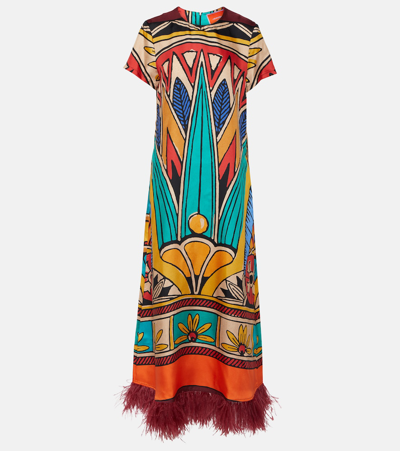 Shop La Doublej Swing Feather-trimmed Maxi Dress In Multicoloured