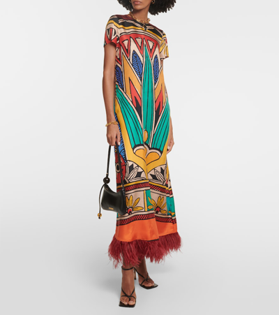 Shop La Doublej Swing Feather-trimmed Maxi Dress In Multicoloured