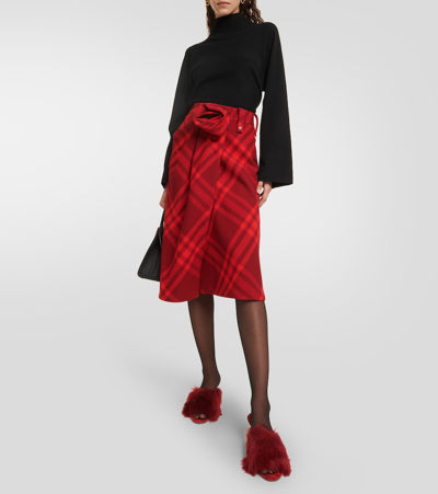 Shop Burberry Check Wool Midi Skirt In Red