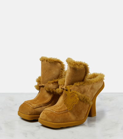 Shop Burberry Ekd Shearling-lined Suede Mules In Yellow