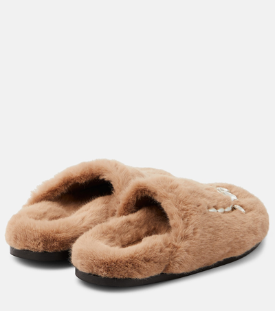 Shop Simone Rocha Embellished Faux Fur Slippers In Neutrals