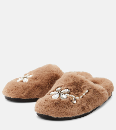 Shop Simone Rocha Embellished Faux Fur Slippers In Neutrals