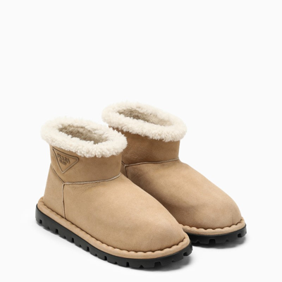 Shop Prada Low Boots In Ecru Suede And Sheepskin Women In Cream