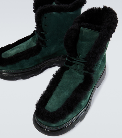 Shop Burberry Shearling-trimmed Suede Ankle Boots In Green