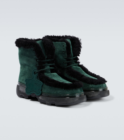 Shop Burberry Shearling-trimmed Suede Ankle Boots In Green