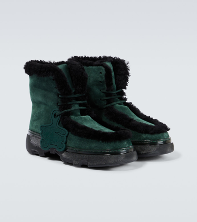 Burberry Suede Chugga Ankle Boots With Real Fur Inner In Green