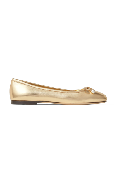 Shop Jimmy Choo Elme Embellished Metallic-leather Ballet Flats In Gold