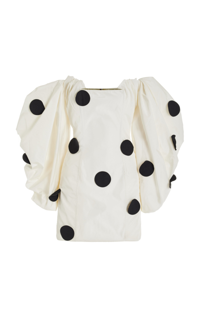 Shop Jacquemus Puff-sleeve Off-the-shoulder Dot-embellished Taffeta Mini Dress In Black,white