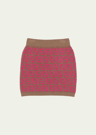 Shop Fendi Girl's Knit Monogram-print Skirt In F1m07 Fuxia