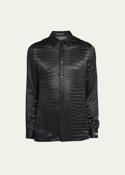 Shop Versace Men's Alligator Devore Sport Shirt In Black
