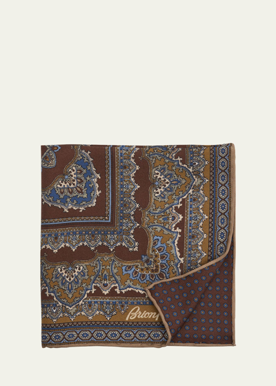 Shop Brioni Men's Double-face Medallion And Circle Silk Pocket Square In Royal