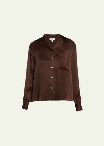 Shop Loewe Anagram Silk Button-front Pajama Blouse In Dark Choco