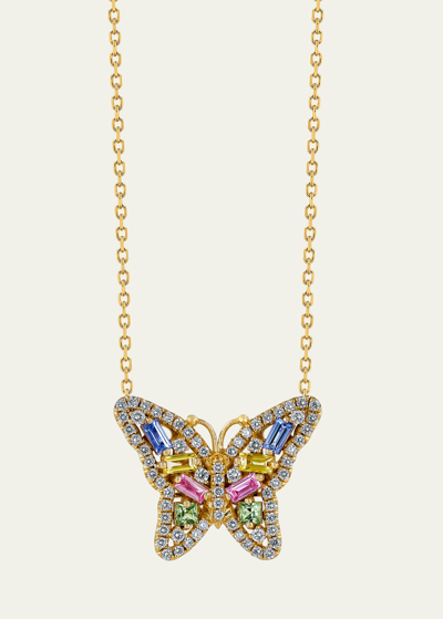 Shop Suzanne Kalan 18k Yellow Gold Diamond And Sapphire Butterfly Necklace In Yg
