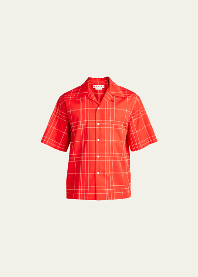 Shop Marni Men's Windowpane Poplin Camp Shirt In Red