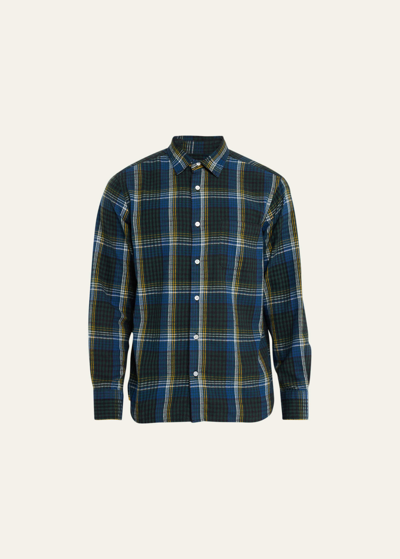 Shop Original Madras Trading Co. Men's Winter Madras Check Button-down Shirt In Olive/navy Blue