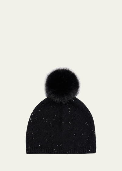 Shop Sofia Cashmere Cashmere Sequin Beanie With Faux Pom In Black