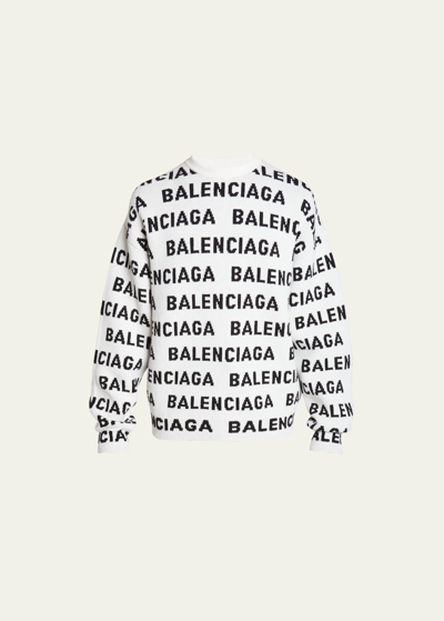 Shop Balenciaga Men's Allover Logo Sweater In Blanc/noir
