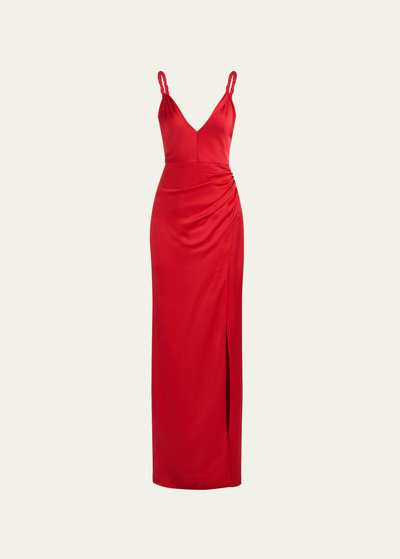 Shop Halston Yvette Twisted-strap Satin Slit Gown In Crimson