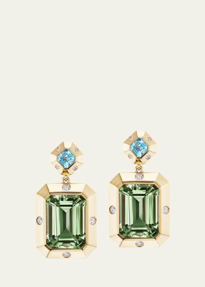 Shop Gemella Jewels 18k Yellow Gold Stella Blue Topaz, Green Amethyst, And Diamond Drop Earrings In Blue Topaz/green