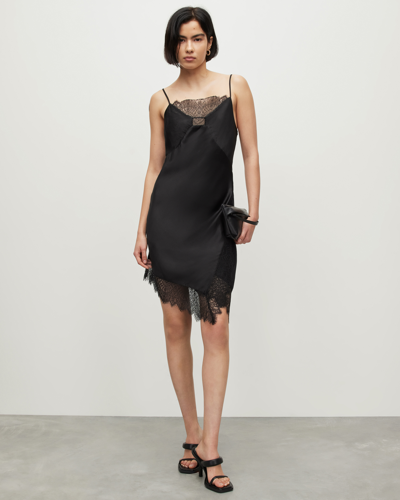 Shop Allsaints Eldia Silk Blend Lace Mini Slip Dress In Black