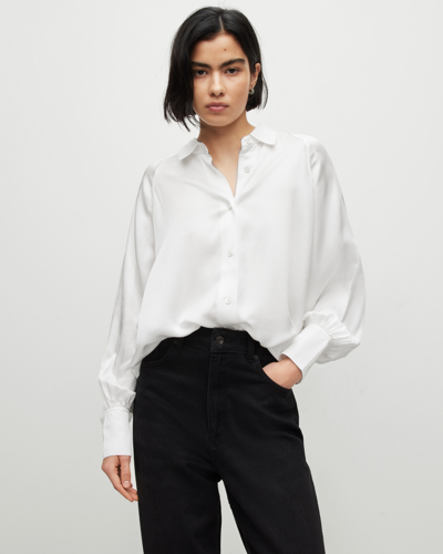 Shop Allsaints Oana Silk Blend Relaxed Fit Shirt In White