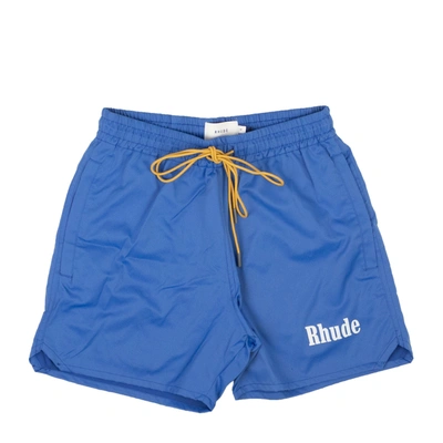 Shop Rhude Blue Polyester Logo Print Swim Trunks