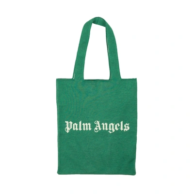 Shop Palm Angels Green Pa Knit Wool Blend Shopper Tote Bag