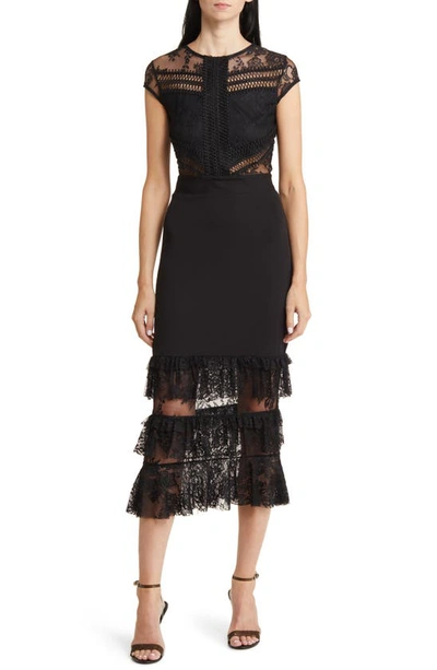 BEBE BEBE TIERED LACE MIDI DRESS 