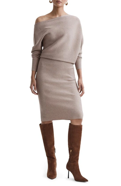 Shop Reiss One-shoulder Long Sleeve Rib Sweater Dress In Neutral