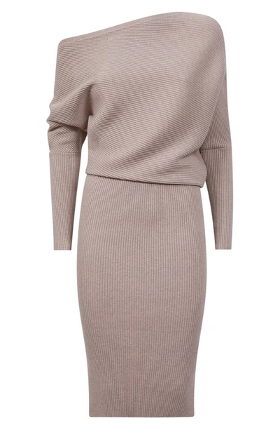 Shop Reiss One-shoulder Long Sleeve Rib Sweater Dress In Neutral